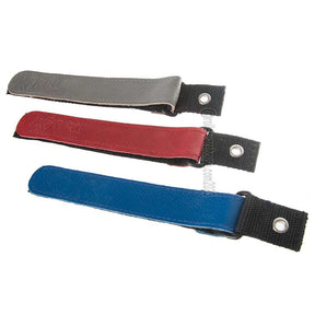 Three leather straps with metal clasps in gray, red, and blue on a white background.