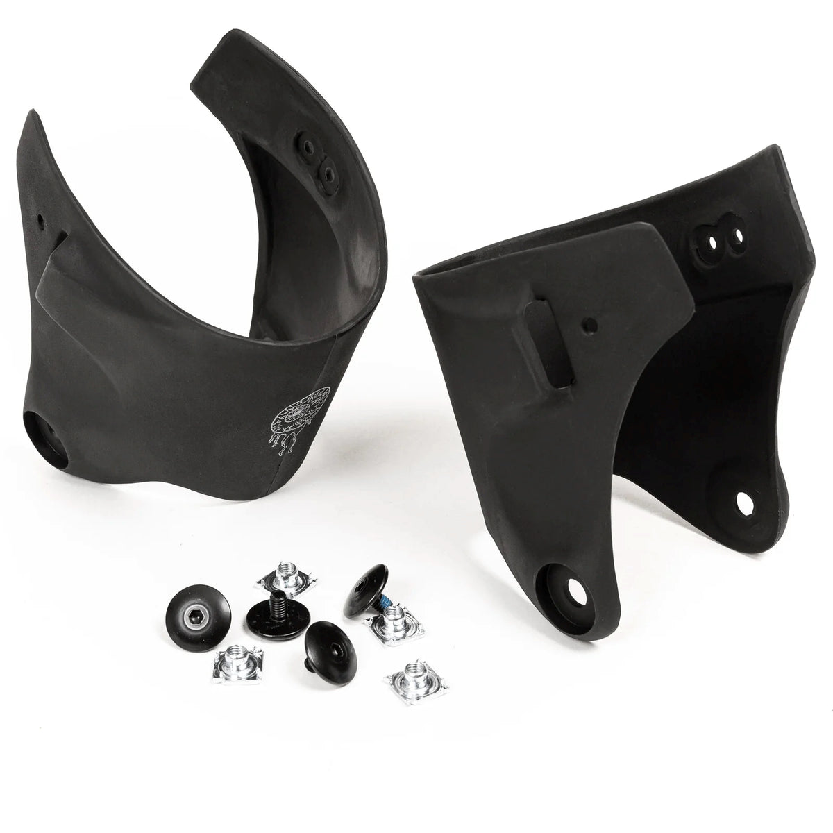 Black plastic aggressive skate cuffs with screws on a white background