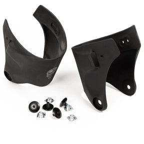 Black plastic aggressive skate cuffs with screws on a white background