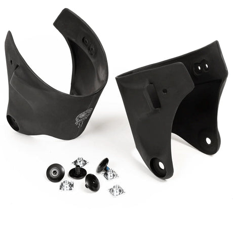 Black plastic aggressive skate cuffs with screws on a white background
