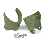 Two green plastic aggressive skate cuffs with small screws on a white background