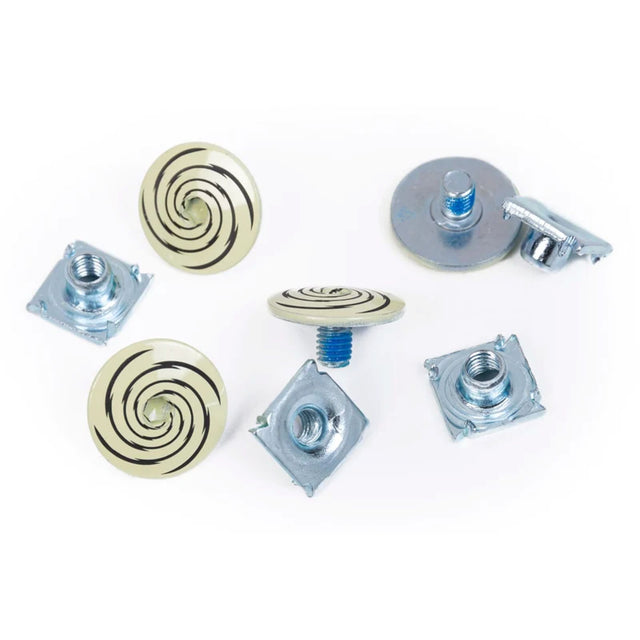 A set of metal hardware fasteners and round decorative or functional discs on a plain white background. The set includes square and round silver-toned threaded studs, wing nuts, and circular beige discs with black spiral patterns.