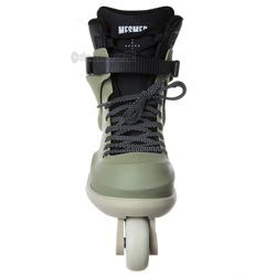 A single inline skate boot in olive green and black, shown from the front against a plain white background.