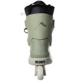 A single inline skate boot in light olive green with a black cuff and white wheel, shown from the back on a white background.