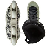 A pair of inline skates shown from two angles: a side view on the left with a black floral pattern on a light beige deck and white wheels, and a top-down view on the right showing a black ankle cuff and light beige shoe.