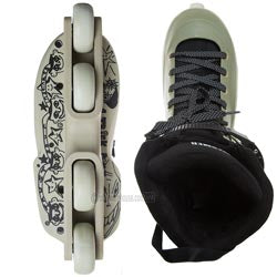 A pair of inline skates shown from two angles: a side view on the left with a black floral pattern on a light beige deck and white wheels, and a top-down view on the right showing a black ankle cuff and light beige shoe.