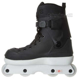 A black inline skate boot with a white wheelbase, featuring a lace-up front, ankle strap, and four wheels.