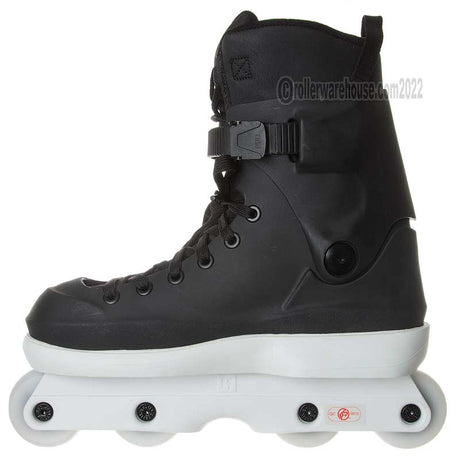 A black inline skate boot with a white wheelbase, featuring a lace-up front, ankle strap, and four wheels.