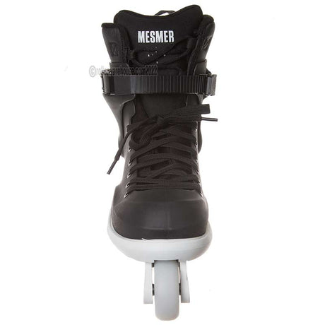 A black inline skate boot with a white base and a white wheel, featuring the brand name 'MESMER' printed in white on the tongue, set against a plain white background.