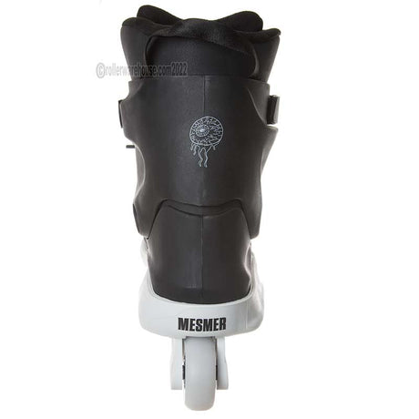 A black inline skate boot with a white wheel base, featuring a jellyfish logo on the side and the brand name 'MESMER' printed on the white base.