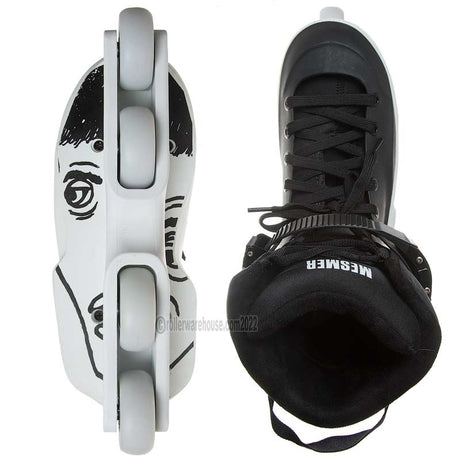 A pair of inline skates shown from two angles: a side view of a white skate with black graphic line art and gray wheels, and a top-down view of a black lace-up skate with white 'MESMER' branding on the ankle cuff.