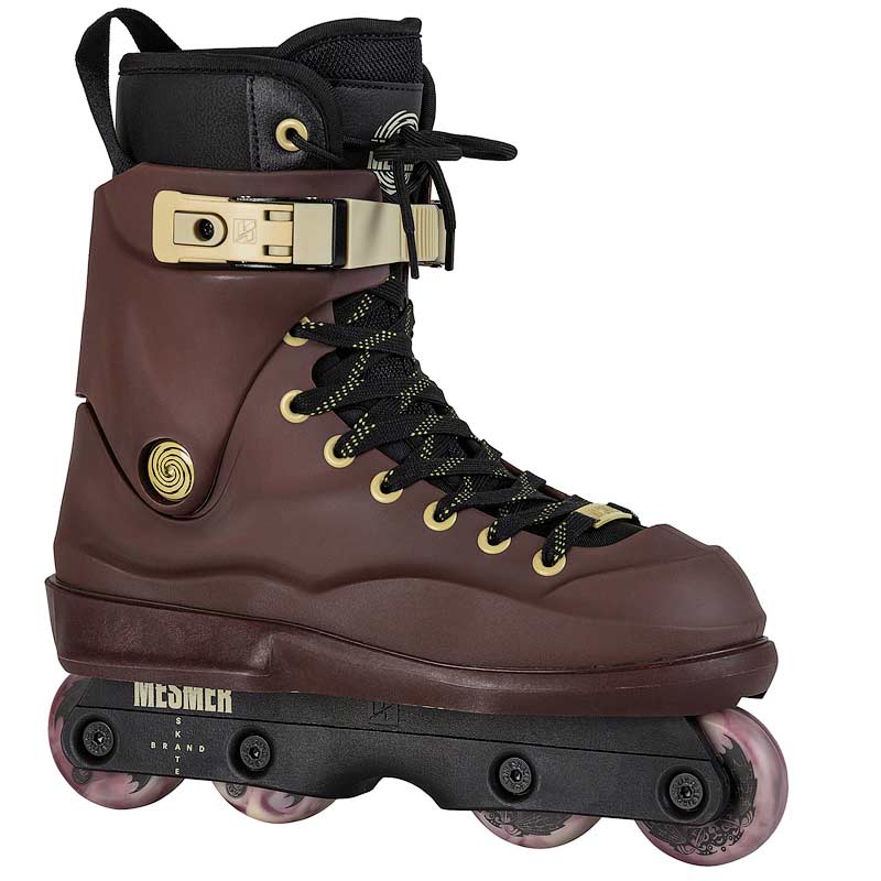 A single inline skate boot in dark brown leather with black laces, gold-tone hardware, and a black baseplate with pink-tinted wheels, shown on a plain white background.