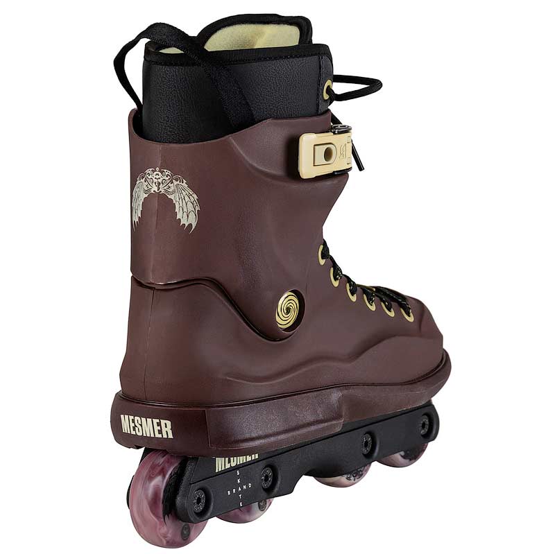 A single dark brown inline skate boot with a black ankle collar, gold buckle, and gold branding, shown on a plain white background.