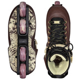 A pair of inline skates shown from two angles: a side profile view on the left and a top-down view on the right. The skates feature a dark brown leather upper with black laces, gold eyelets, and a cream-colored floral pattern on the deck.