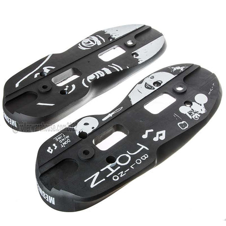 Two Black aggressive inline skate parts called soul plates with a white graphic and screw holes milled into them. they are featured on a white background.