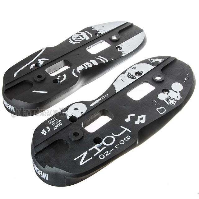 Two Black aggressive inline skate parts called soul plates with a white graphic and screw holes milled into them. they are featured on a white background.