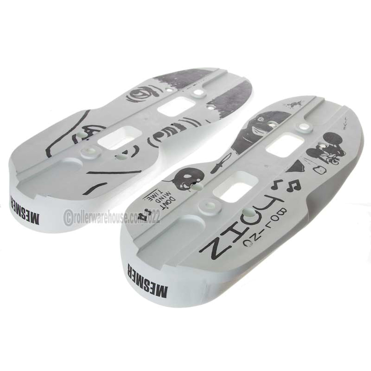Two white aggressive inline skate parts called soul plates with a black graphic and screw holes milled into them. they are featured on a white background.