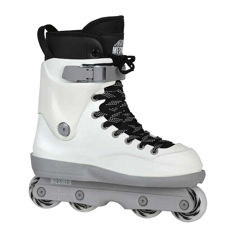 A white and black inline skate boot with a gray chassis and wheels, featuring a black lace-up front and a silver buckle closure, shown against a plain white background.