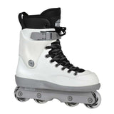 A white and black inline skate boot with a gray chassis and wheels, featuring a black lace-up front and a silver buckle closure, shown against a plain white background.