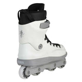 A white and gray Kuesmer inline skate boot with black laces and a black ankle cuff, shown from a three-quarters angle on a white background.
