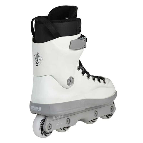 A white and gray Kuesmer inline skate boot with black laces and a black ankle cuff, shown from a three-quarters angle on a white background.
