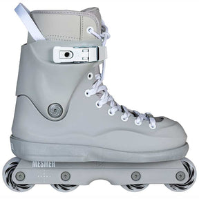 Mesmer Team Skate 2. Comes with Mesmer Myfit 2nd Skin liner, matching heather grey Kizer frames, and 8 Mesmer wheels/bearings. New upgraded buckle.
- Redesigned shell, which provides more space for the front foot 
- Recrafted Mesmer liner, making it thinner and more responsive
- Reworked the back of the shell to prevent the cuff from overextending
- Revamped the recess for screws, anti rivets and bolts for improved functionality
- Added a top eyelet for the shoelaces to provide additional support 