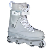 A light gray inline skate boot with white laces and a white ankle strap, shown from a three-quarters angle on a white background.