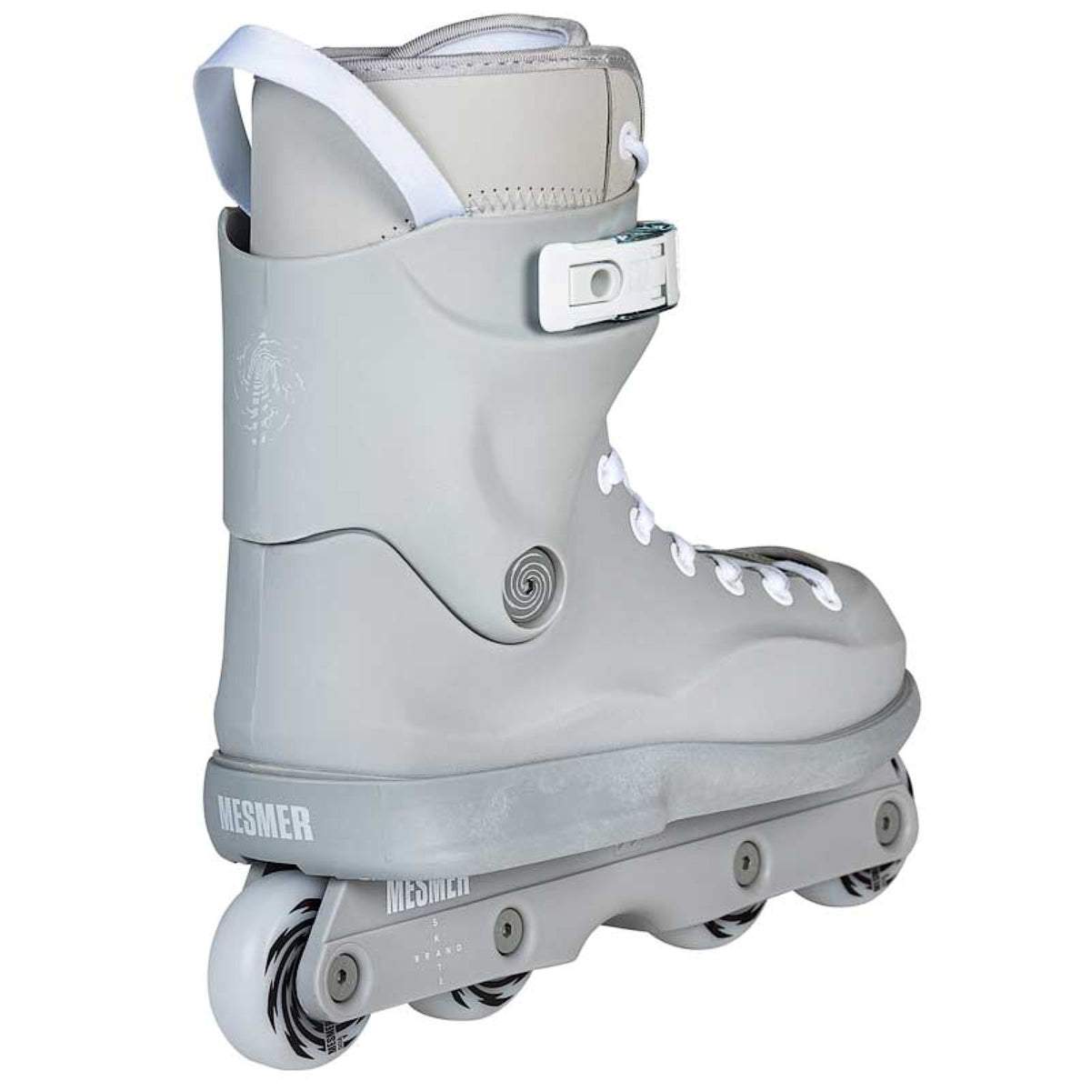 A light gray inline skate boot with white laces and white wheels, featuring the Mesmer and Messtixx branding on the base, shown against a plain white background.