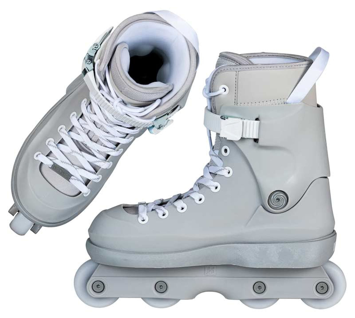 A pair of light gray inline skates shown on a plain white background, with one skate angled to show the side and top profile and the other showing the front three-quarter view.