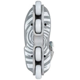A close-up of a gray and white patterned inline skate blade with four white wheels and a silver buckle, shown against a plain white background.