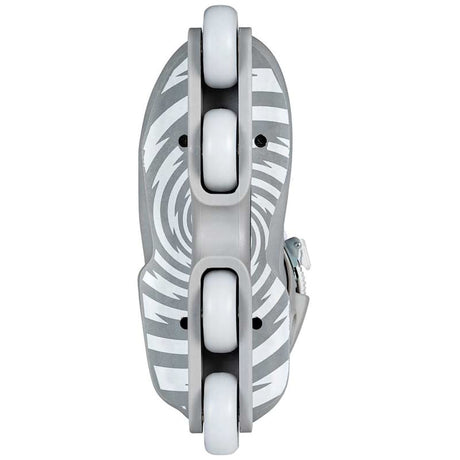 A close-up of a gray and white patterned inline skate blade with four white wheels and a silver buckle, shown against a plain white background.