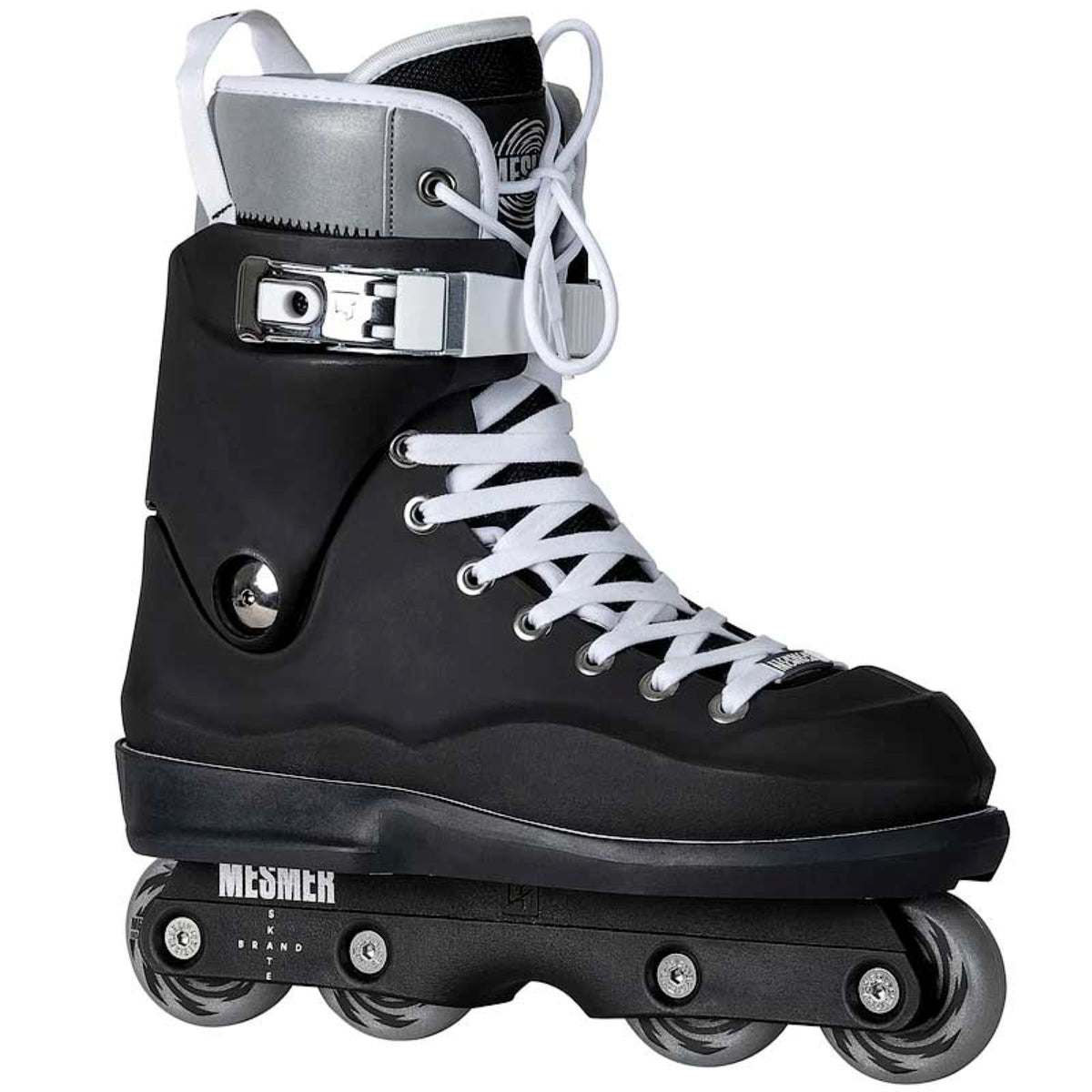 A black inline skate boot with white laces, a silver buckle strap, and a black wheel base, shown against a plain white background.