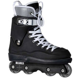 A black inline skate boot with white laces, a silver buckle strap, and a black wheel base, shown against a plain white background.