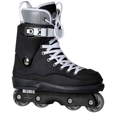 A black inline skate boot with white laces, a silver buckle strap, and a black wheel base, shown against a plain white background.