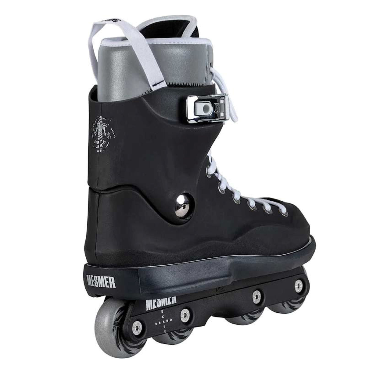 A black inline skate boot with a silver adjustable buckle, white laces, and gray wheels, shown from a three-quarters angle on a white background.