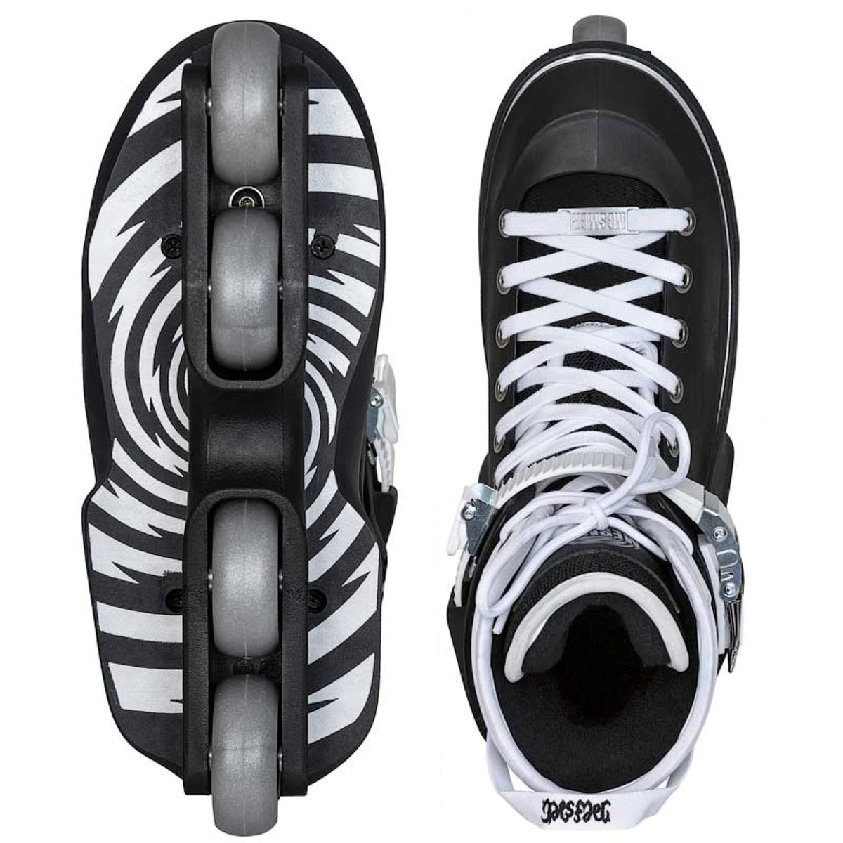 A pair of black and white inline skates shown from the top and side views against a white background. The boots feature a bold black and white spiral pattern, white laces, and gray wheels.