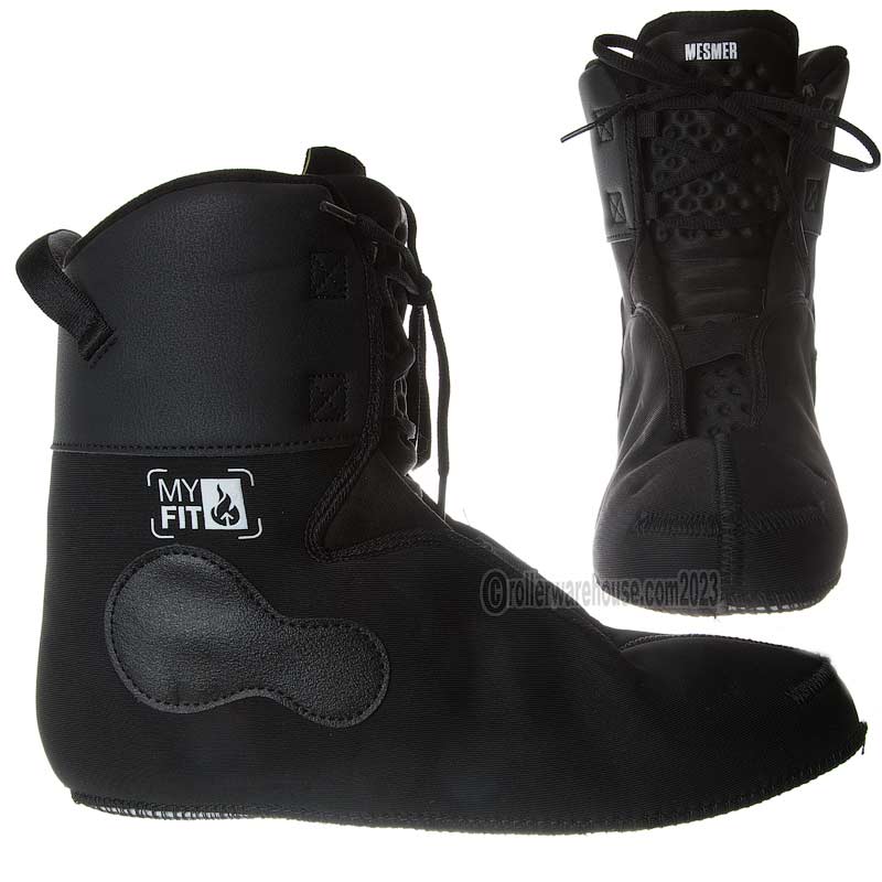 Two different angels of a black aggressive inline skate liner with padding and laces. There is white text that reads "MY FIT" on the side and "MESMER' on the tongue of each liner. They are featured against a white background. 