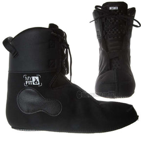 Two different angels of a black aggressive inline skate liner with padding and laces. There is white text that reads "MY FIT" on the side and "MESMER' on the tongue of each liner. They are featured against a white background. 