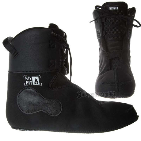 Two different angels of a black aggressive inline skate liner with padding and laces. There is white text that reads "MY FIT" on the side and "MESMER' on the tongue of each liner. They are featured against a white background. 