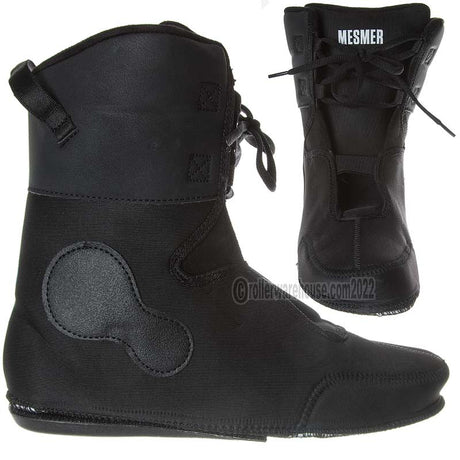 Two different angles of black aggressive inline skate liners with padding and laces and the text "mesmer" written on the tongue of one them. The liners are featured on a white background.