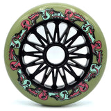 A single Inline skate wheel in green with black spokes and core. The wheel features a pink and light blue graphic with small text that reads "doses" "110mm" and "87a". The wheel is featured on a white background.