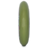 Up-close profile view of a green inline skate wheel. A small amount of the graphic is visible on the left side and a very small portion of the black spokes or core is visible on the right. The wheel is featured on a white background.