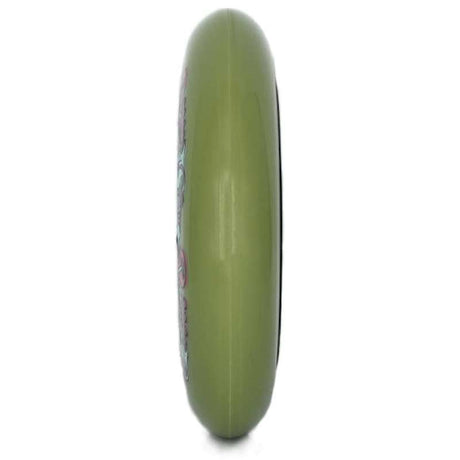 Up-close profile view of a green inline skate wheel. A small amount of the graphic is visible on the left side and a very small portion of the black spokes or core is visible on the right. The wheel is featured on a white background.