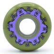 Close up face shot of a green urethane aggressive inline skate wheel with a purple graphic depicting toes with text that reads "60mm toes 90a". The wheel is featured against a white background.