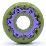 Close up face shot of a green urethane aggressive inline skate wheel with a purple graphic depicting toes with text that reads "60mm toes 90a". The wheel is featured against a white background.