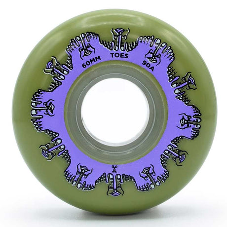 Close up face shot of a green urethane aggressive inline skate wheel with a purple graphic depicting toes with text that reads "60mm toes 90a". The wheel is featured against a white background.