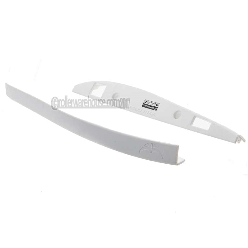 A pair of white plastic aggressive skate parts on a white background