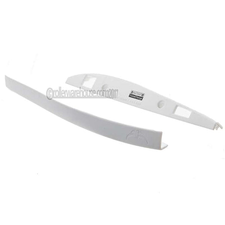 A pair of white plastic aggressive skate parts on a white background