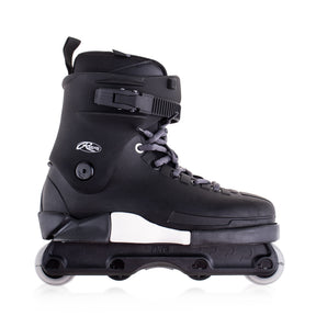 A black inline skate boot with gray laces and a black wheeled base, shown from a side profile on a white background.