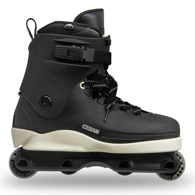 A black inline skate boot with a cream-colored midsole and black wheels, shown from a side profile on a white background.